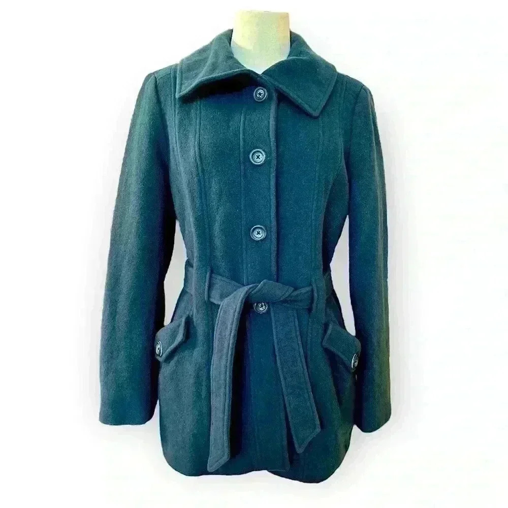 JASON KOLE Blue Wool Blend Winter Pea Coat Size Medium